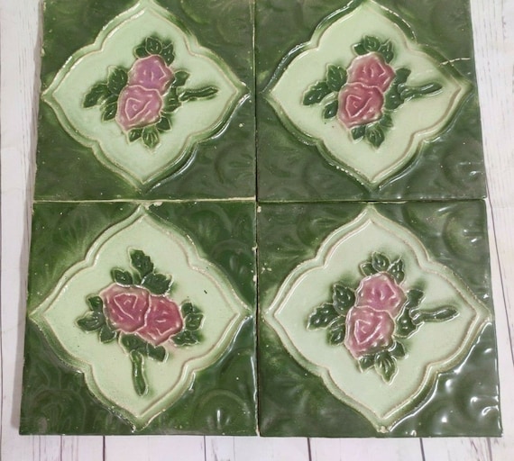Rare 6 x 6 inch Old Vintage Handmade Majolica Decorative Nouveau Tiles, Made in Japan Handmade Ceramic Tiles, Retro Architecture Collectible