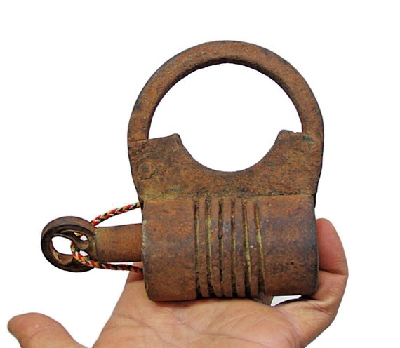 Rare Vintage Hand-Forged Iron Padlock with Key – Antique Screw-Type Lock, Indian Collectible Decor, Durable and Unique Industrial Design P1
