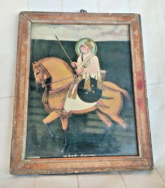 Vintage King Rao Jodha Ji Litho Print – Framed & Glass-Covered Antique Art | Retro Indian Royalty on Horseback | Rare Collector’s Wall Decor