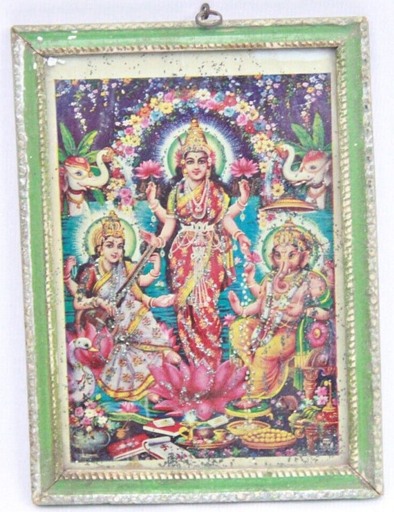 Hindu God and Goddess Framed Lithograph Print Art Decor, Mythical Treasures Vintage Indian Sacred Religious Wall Hanging