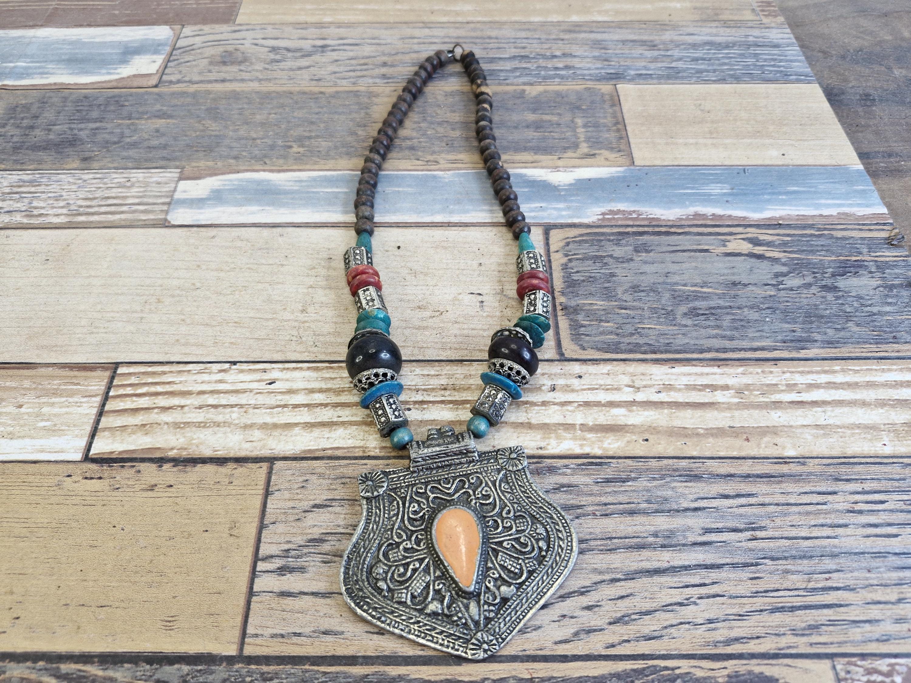 Vintage Tibetan Style Tribal Necklace, Silver Tone Pendant, Boho