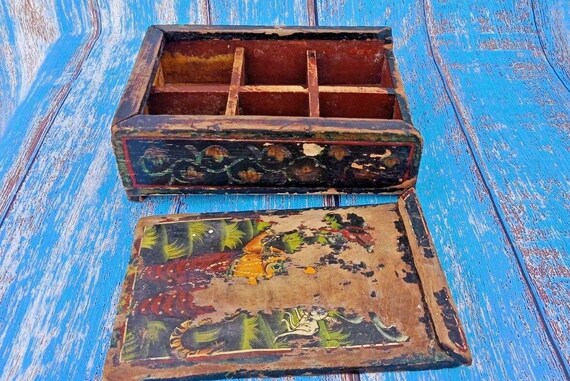 Boîte Coulissante Vintage Primitive En Bois Fait Main - 6 Compartiments Pour épices Ou Collection - WD913