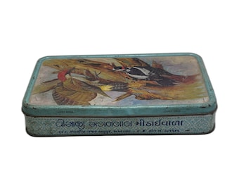 Vintage Indian Bird Art Tin Box Gujarati Script Lithographed Sweet Shop Collectible Metal Container
