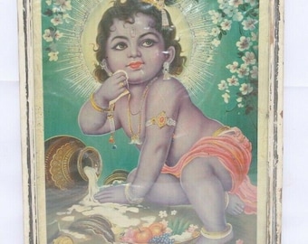 Vintage Lord Krishna Lithograph Print - Bal Gopal, Wooden Frame