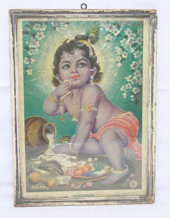 Rare Vintage Hindu Lord Bal Gopal Krishna Wooden Framed Litho Print Beautiful Ethnic Sacred Artwork Divine Indian Deity Religious Wall Decor