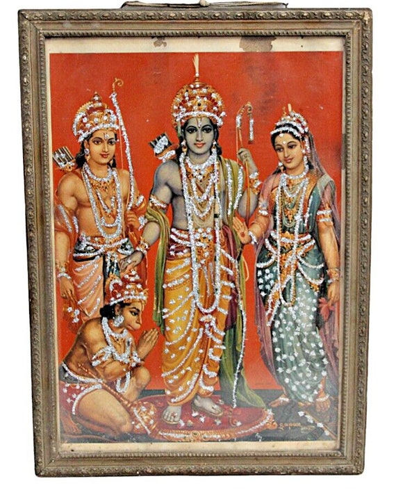 Rare Vintage Hindu Lord Ram Darbar Decorated Litho Print in Elegant Wooden Frame - Antique Hindu Deity Art, Unique Home Decor, Sacred Art
