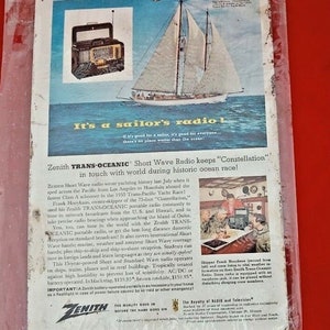 Pubblicità vintage della radio transoceanica a onde corte Zenith - Vecchia e rara pubblicità di Chicago / Radio classica da collezione / Insegna di carta retrò da esposizione