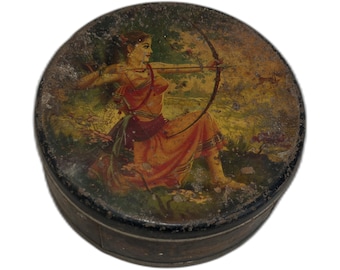 Vintage Ravalgaon Lithographed Tin Box Featuring a Female Archer Illustration on The Lid