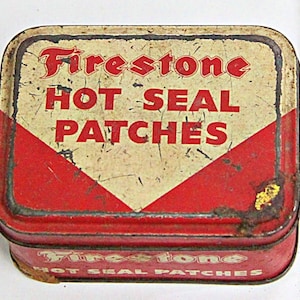 Firestone Hot Seal Patches Tin Box – Timeless Litho Print Collectible | Automotive Memorabilia for Enthusiasts | Vintage Small Storage Case