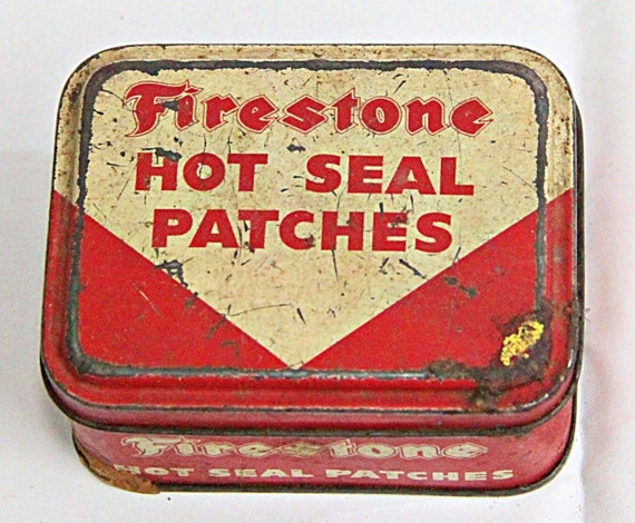 Vintage Firestone Hot Seal Patches Tin Box – Timeless Litho Print Collectible | Automotive Memorabilia for Enthusiasts | Small Storage Case