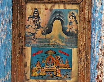 Ancien cadre photo rare divinité indienne dieu vintage en bois, décor religieux à collectionner