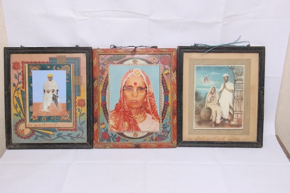 Vintage Primitive Wooden Photo Frames - 3 Pcs Antique Rustic Frames with Old Indian Photos for Distressed Home Decor and Gallery Wall Art R1