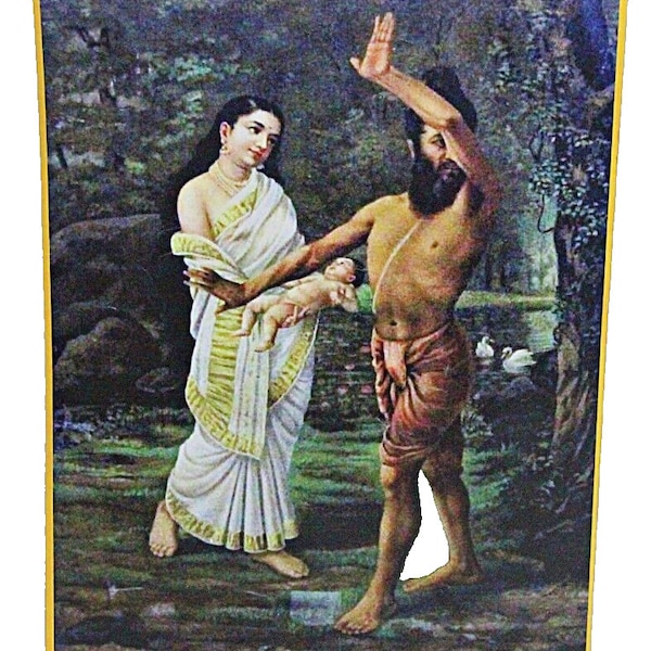 Raja Ravi Varmas Re-Print von Vishwamitra Ablehnung der Geburt seiner Tochter Sakuntala porträtiert einen ergreifenden Moment aus der hinduistischen Mythologie