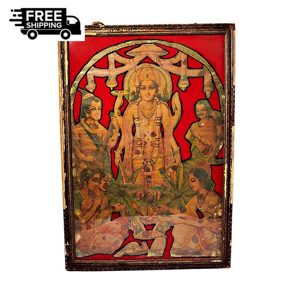 Rare Vintage Hindu Lord Vishnu Darbar Satyanarayan Puja Cut Art– Exquisite Wooden Framed Litho Print, Divine Décor for Devotees & Collectors