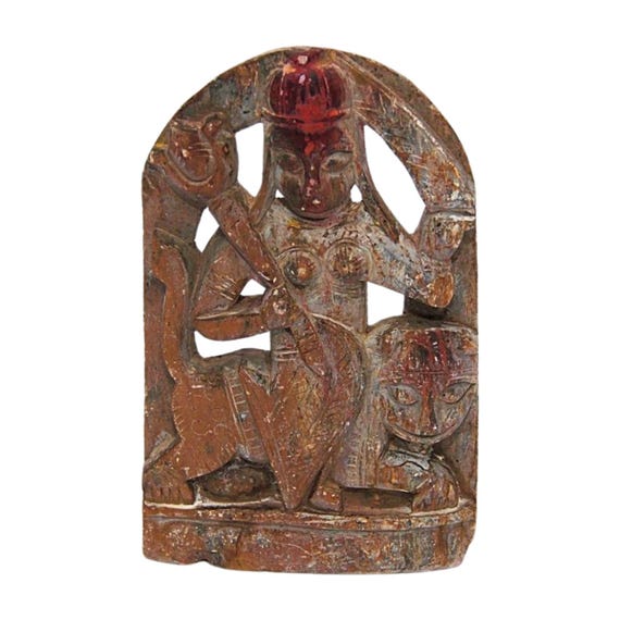 Vintage Rare Hand-Carved Stone Statue of Hindu Goddess Durga Ambe Maa on Lion – Unique Indian Religious Collectible and Decorative Idol