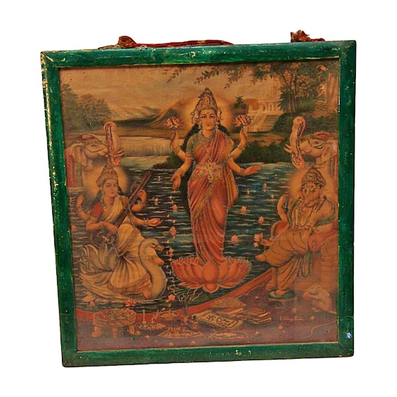 Rare Beautiful Vintage Wooden Framed Litho Print of Goddess Lakshmi with Lord Ganesha and Goddess Saraswati Decorative Religious Collectible