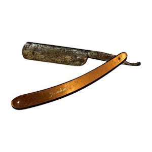 Navaja de afeitar vintage de ratán de la marca Empress of India, de 6,5/10 pulgadas. Coleccionable excepcional, herramienta clásica de barbero y objeto de recuerdo rústico del afeitado.