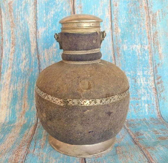 12" Brass Water Bottle with Handle, Vintage Cloth Covered Metal, Original Collectible Container, Rustic Décorative Piece