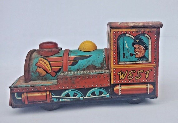 Vintage Friction-Powered Western Engine Train– Japanese Litho Tin Toy Retro Collectible Locomotive Classic Tinplate Model for Display & Play