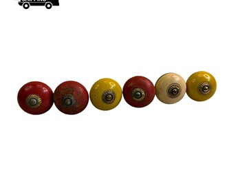 Hand Painted Wooden Brass Cabinet Knobs, Boho Drawer Pulls, Colorful Furniture Hardware
