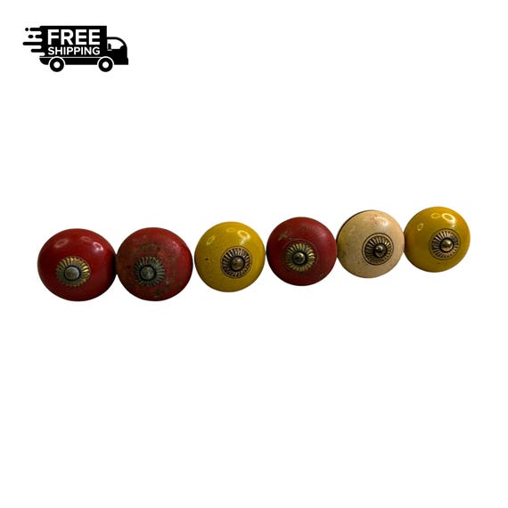 Hand Painted Wooden & Brass Door Knobs - Eclectic Cabinet Hardware Set