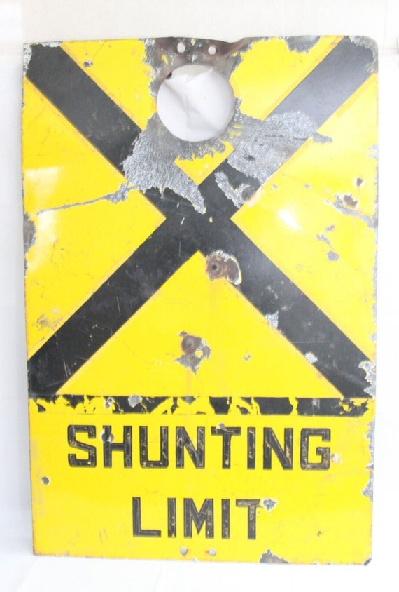 Vintage Porcelain Railway Sign – Large Yellow & Black Railroad 'Shunting Limit' Board | Train Station Decor | Industrial Signage Collectible