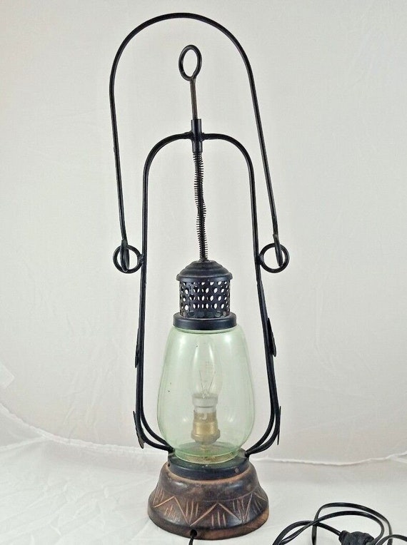 Vintage Antique-Style Iron, Glass and Wood Electric Lantern Night Lamp – Rustic Home & Garden Decor, Unique Lighting Gift, Timeless Ambiance