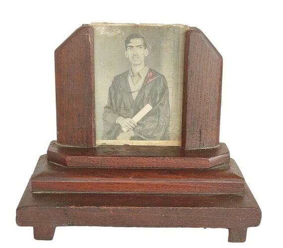Vintage Handmade Wooden Photo Frame – Rustic 3.75x4.5 Inch Rectangular Keepsake | Old-Fashioned Picture Holder | Unique Charming Table Decor
