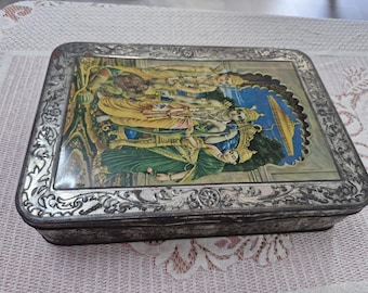 Vintage Indian Ram Darbar Tin Box: Lord Rama, Sita, Hanuman Lithograph Art