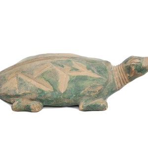 Vintage Hand Carved Wooden Turtle: Green Painted Tortoise Figurine