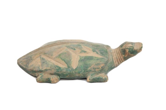 Vintage Hand Carved Decorative Wooden Turtle, Green Painted Tortoise Figurine, Antique Home Decor, Collectible Sculpture, Unique Gift Idea