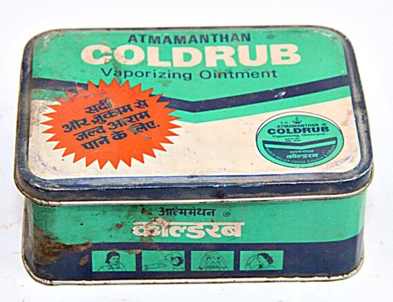 Antique Coldrub Litho Tin Box – Vintage Vaporizing Ointment Container, Rare Retro Collectible Metal Tin for Nostalgic Décor and Memorabilia