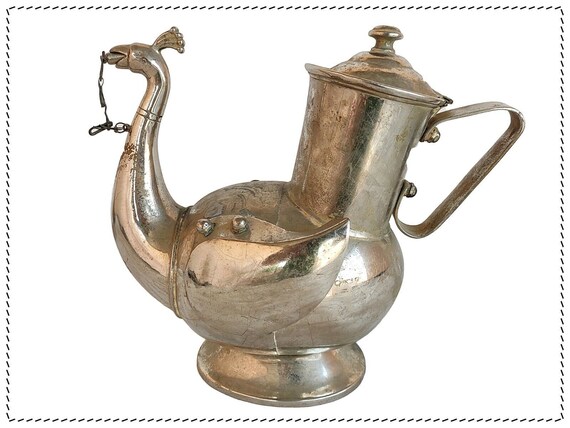 Vintage Brass Tea Kettle Handcrafted Peacock Design, Big Nickel Plated Collectible Pot, Antique Indian Decor, Unique Exotic Piece