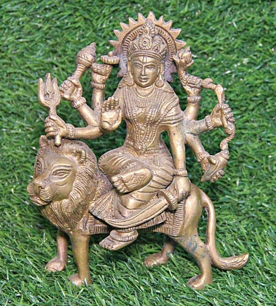 Old Handcrafted Brass Goddess Durga Statue, Spiritual Art Piece for Home Decor, Hindu Religious Symbol, Unique Artisan Craftsmanship