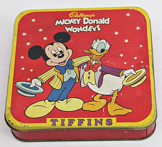 Cadbury's Mickey-Donald Wonders Tiffins Tin Box – Litho Print Vintage Collectible, Disney Storage Container for Nostalgic Décor & Collectors