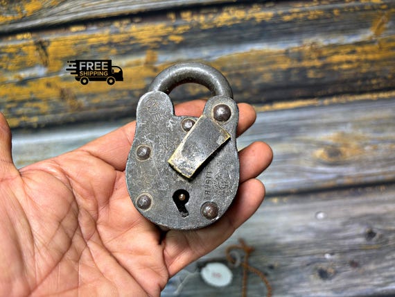 Vintage Iron Naru 8 Lever Padlock with Single Key and Brass Tag Collectible H13