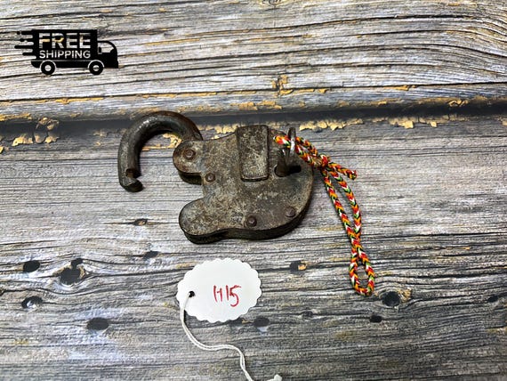 Vintage Hand Crafted Iron Padlock with Single Key and Brass Tag Collectible H15