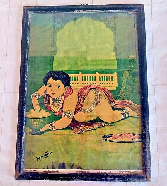Hindu God Laddu Gopal Ravi Varma Litho Print– Elegantly Framed in Wood | Rare Bala Gopala Wall Art Decor | Vintage Religious Art Collectible