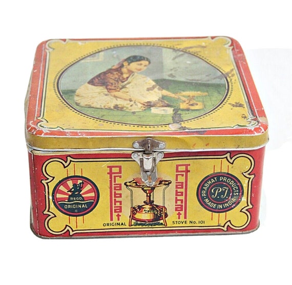 Vintage Prabhat Stove No. 101 Ad Litho EHS Tin Box – Rare Collectible | Antique Indian Advertising Art | Retro Kitchen Decor | Unique Piece