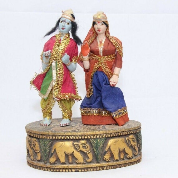 Vintage Old River Clay Krishna Radha Figurine with Intricate Details Fixed on Wooden Stand, Handcrafted Indian Deity Sculpture