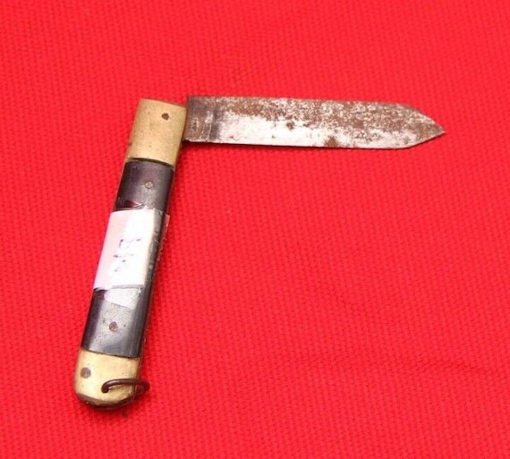Antique Pocket Knife with Iron Blade and Brass Horn Hilt, Classic Collectible Small Folding Knife, Hand Crafted Unique Decorative Knife H9