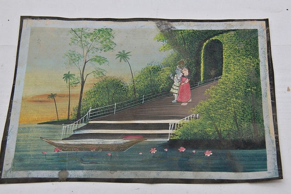 Vintage Lord Krishna and Radha Painting – Exquisite Hindu Religious Art | Ethereal Spiritual Wall Decor | Timeless Sacred Home Decor