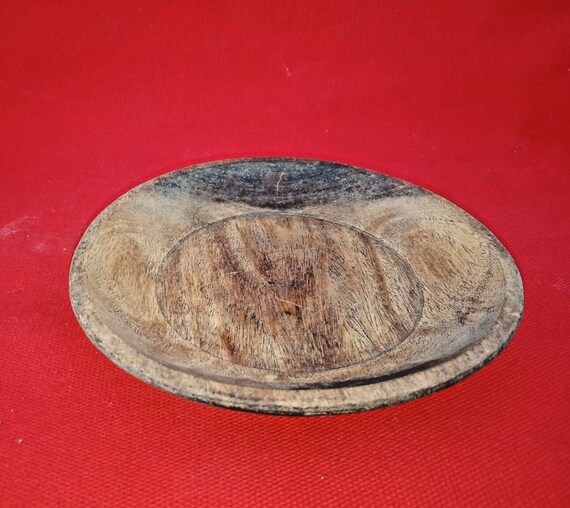 Vintage Wooden Hand Carved Plate Bowl India | Antique Round Tray Decorative Art | Ornate Handmade Serving Dish Rustic Decor