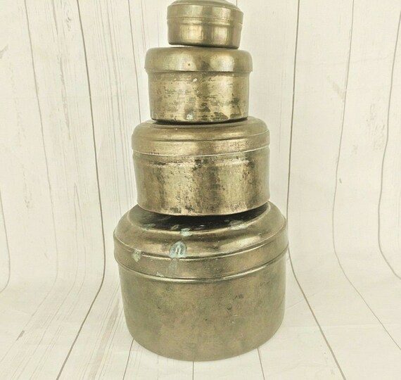 Antique Brass Pot Set 1900s, 4 Pcs Vintage Kitchenware, Handcrafted Collectibles from India, Unique Storage for Culinary Heritage