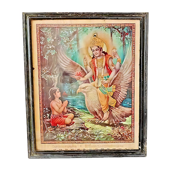 Large Vintage Litho Print of God Vishnu Bhagwan Framed Art Piece in Wooden Carved Frame Great for Home Decor Enthusiasts and Collectors T1