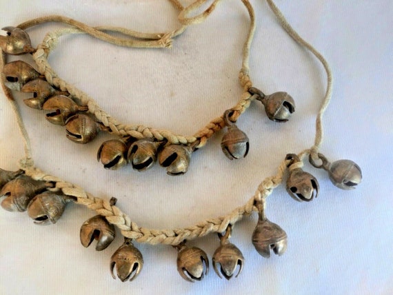 Vintage Gajre Bells Cotton Thread Woven Belly Dance Bells, Pair India Handmade Boho Jewelry, Traditional Dancer Accessories Unique