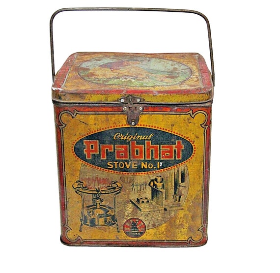 Antique Prabhat No. 1 Stove Iron Tin Box with Handle– Rare Vintage Camping Gear Collectible | Retro Stove Carrying Case | Rustic Storage Tin