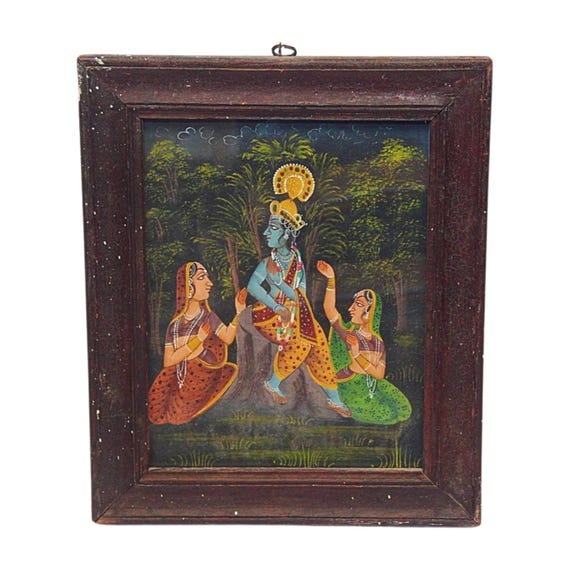 Vintage Rare Pichwai Painting – Handmade Lord Krishna with Gopis Indian Art, Traditional Wooden Frame – Unique Collectible Wall Décor