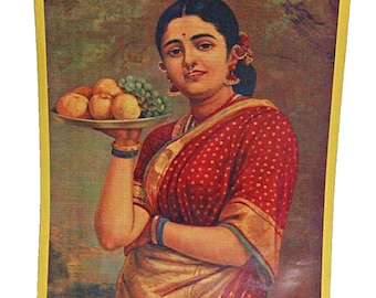 Indian Lithograph Raja Ravi Varma Reprint Beautiful Lady Carrying Serving Fruits