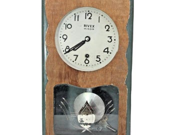 Vintage Rivex Pendulum Wall Clock, Wooden, Distressed Wood Look, Off White Dial